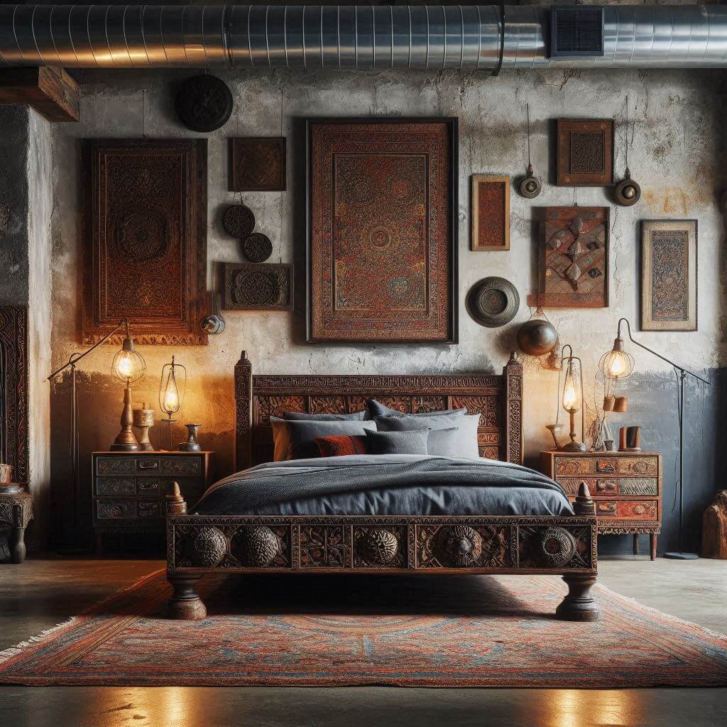 Bold industrial bedroom interior by Hothi & Co. blending Indian antiques with raw materials, featuring a carved Indian wooden headboard, metal and concrete finishes, and simple grey bedding.