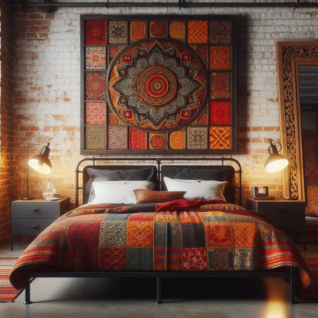 Industrial bedroom interior by Hothi & Co. featuring exposed brick walls, a black metal bed frame, crisp white linens, and a vibrant Indian kantha quilt in red, orange, and yellow.