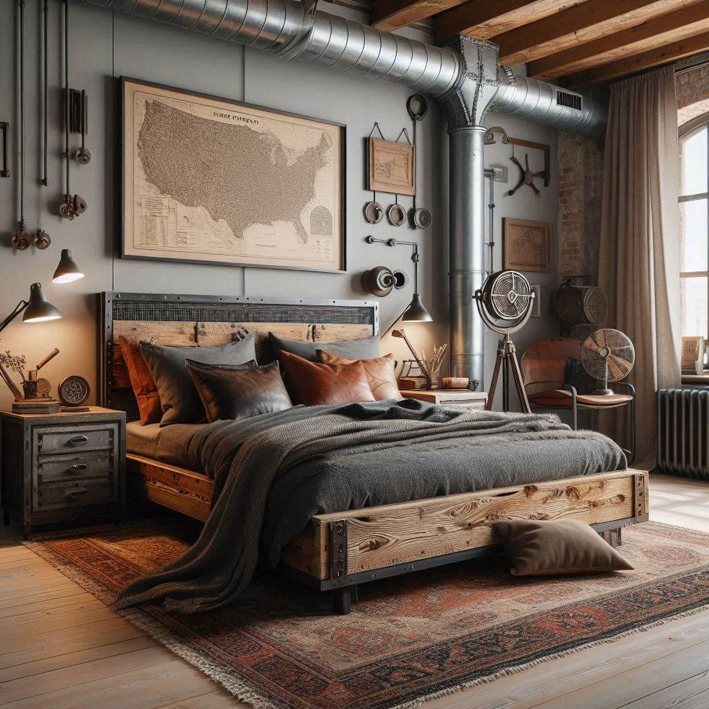 Cozy industrial bedroom interior by Hothi & Co. featuring reclaimed wood furniture, exposed metal pipes, a natural wood bed frame, dark grey bedding, and textured accent pillows.