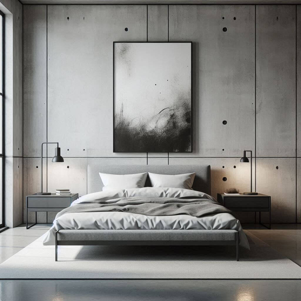 Minimalist industrial bedroom interior by Hothi & Co. featuring concrete walls, a low-profile bed with a grey upholstered headboard, and simple white and grey linens.