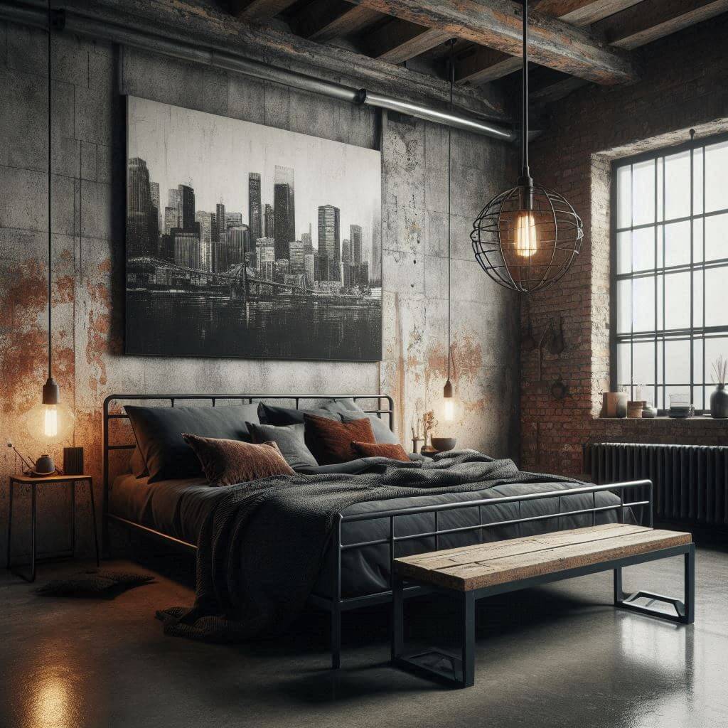 Rugged industrial bedroom interior by Hothi & Co. featuring an exposed brick feature wall, a matte black metal bed frame, dark grey bedding, and charcoal textured pillows.