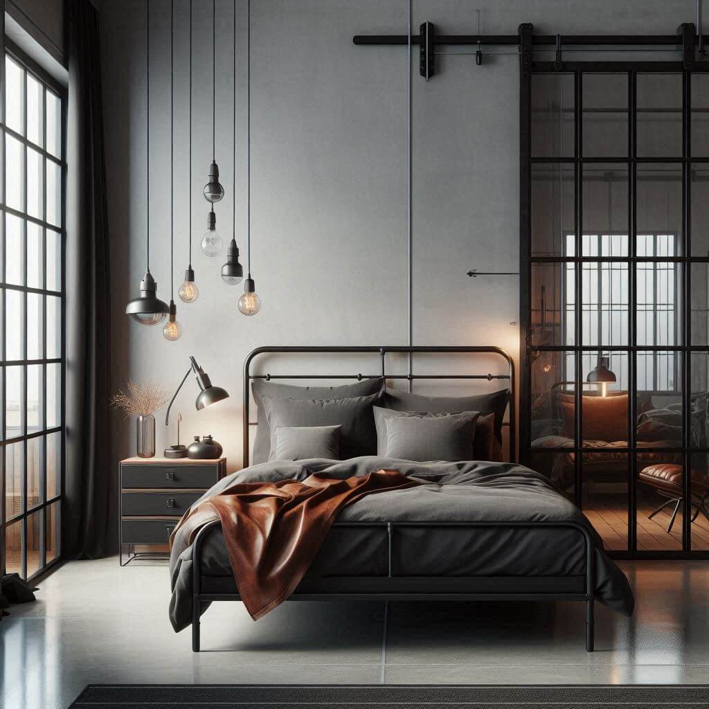Sleek industrial bedroom interior by Hothi & Co. featuring metal and glass accents, a minimalist black metal bed frame, dark grey linens, and a deep chestnut brown leather throw.
