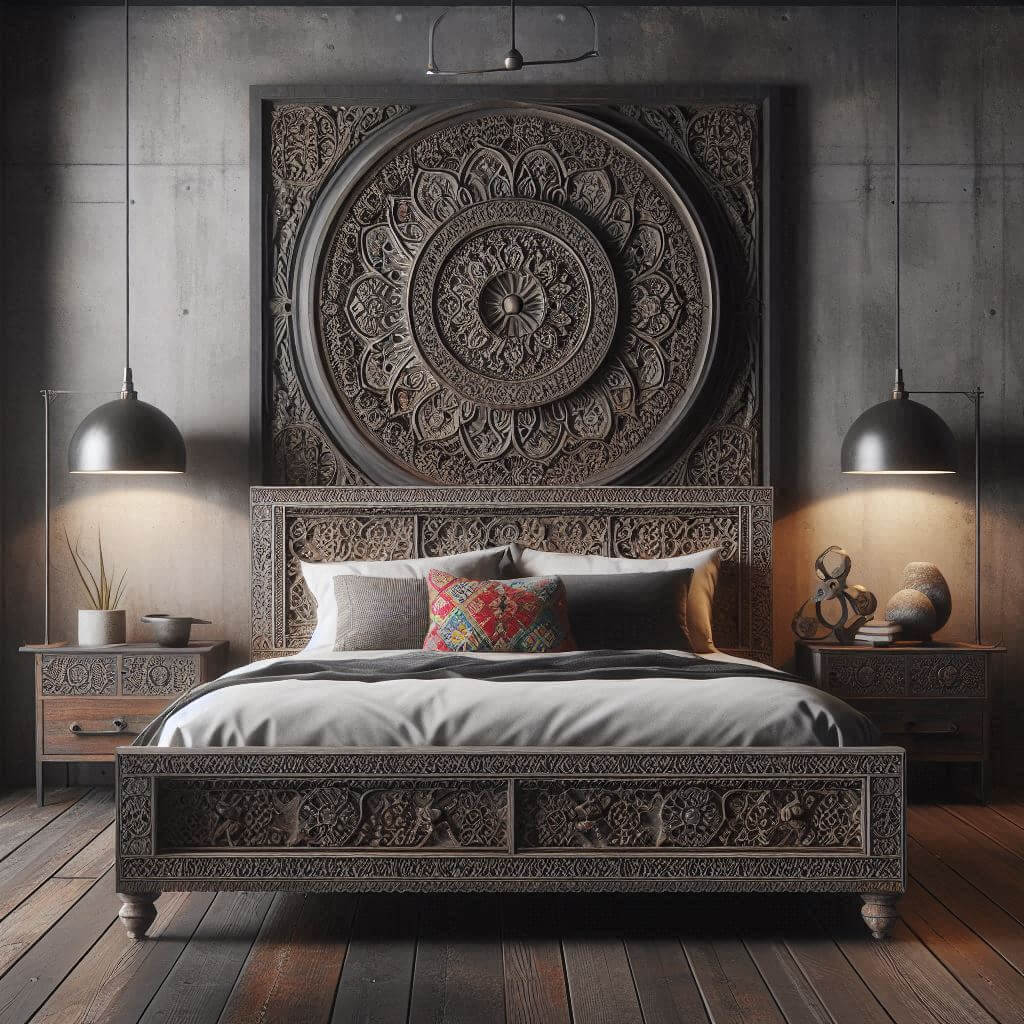 Striking industrial bedroom interior by Hothi & Co. blending Indian carved furniture with metal accents, featuring an intricately carved wooden headboard set against a concrete wall.