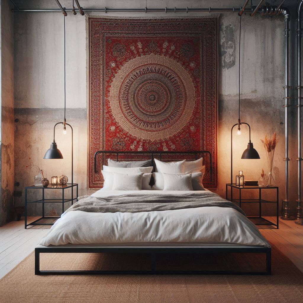 Eclectic industrial bedroom interior by Hothi & Co. featuring a large Indian tapestry, metal furniture, a simple metal platform bed, and crisp white linens with rich cultural accents.