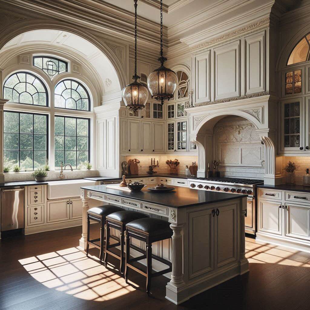 Classic white kitchen by Hothi & Co. with arched windows, elegant molded cabinetry, and polished black granite countertops with matching backsplash.