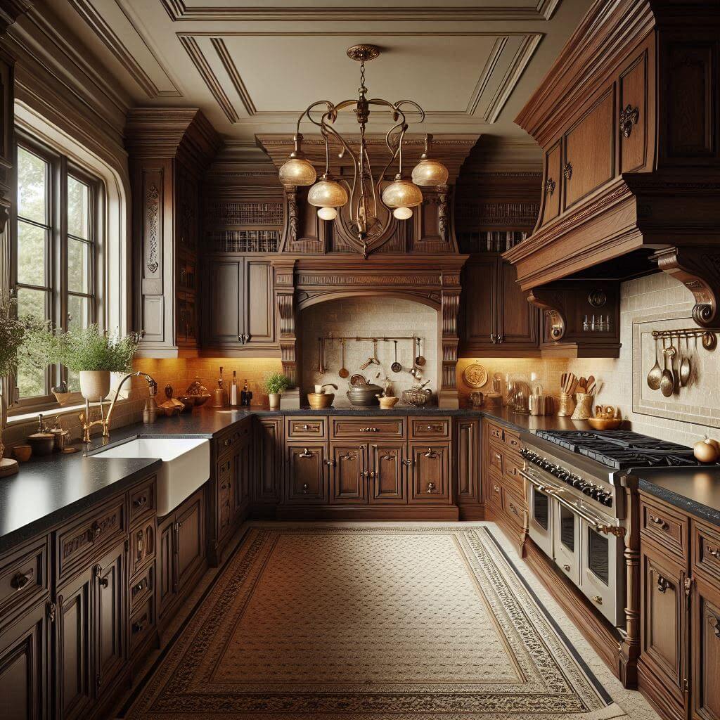 Warm classic kitchen by Hothi & Co. with rich dark wood cabinets, intricate carved detailing, brass hardware, and polished black granite countertops with gold and grey flecks.