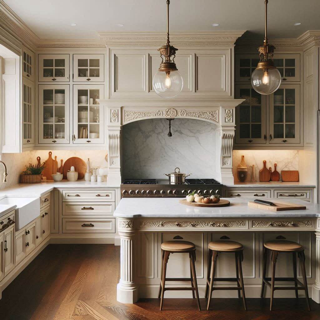 Classic cream kitchen by Hothi & Co. featuring ornate cabinetry with antique brass hardware and polished white marble countertops with full-height marble backsplash.
