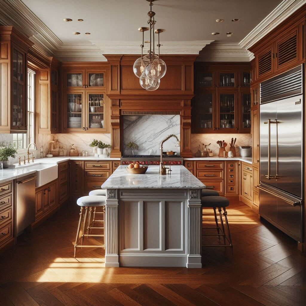 Classic kitchen by Hothi & Co. featuring warm wood paneling, shaker-style cabinetry, and polished white marble countertops with grey veining and matching marble backsplash.