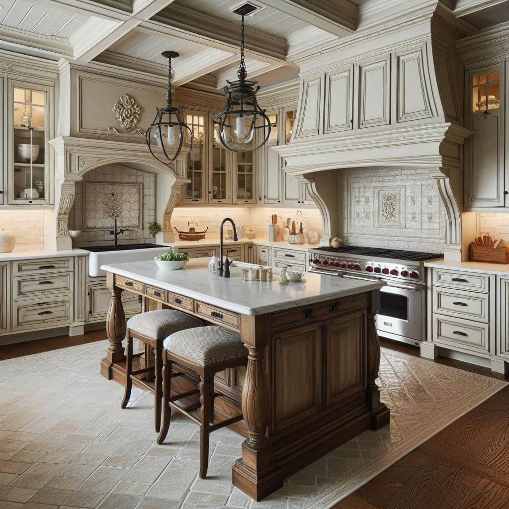 French country style classic kitchen by Hothi & Co. with distressed cream cabinetry, intricate molding, white quartz countertops, and subtle grey patterned backsplash.