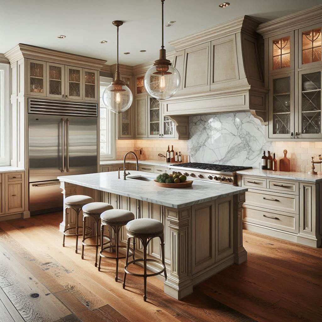 Classic kitchen by Hothi & Co. with distressed light wood cabinets, polished white marble countertops with grey veining, marble subway backsplash, and a central island.