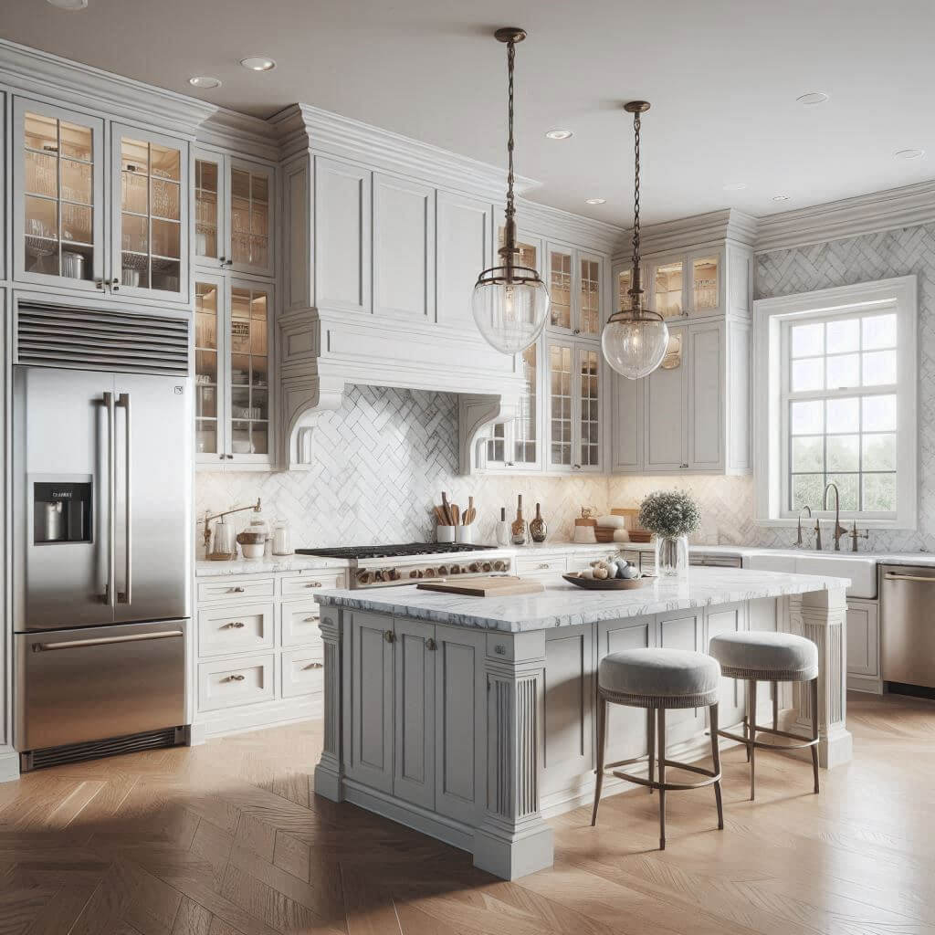Classic kitchen by Hothi & Co. with white cabinetry, glass-front upper cabinets, and sleek white marble countertops with grey veining and matching marble backsplash.