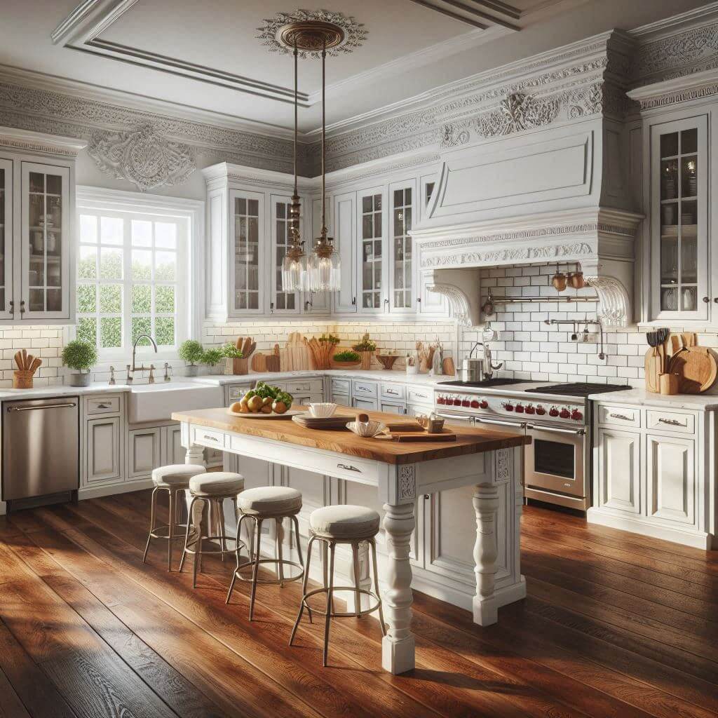 Spacious classic kitchen by Hothi & Co. featuring white cabinetry with ornate crown molding, brushed nickel hardware, white marble countertops, and soft grey subway tile backsplash.