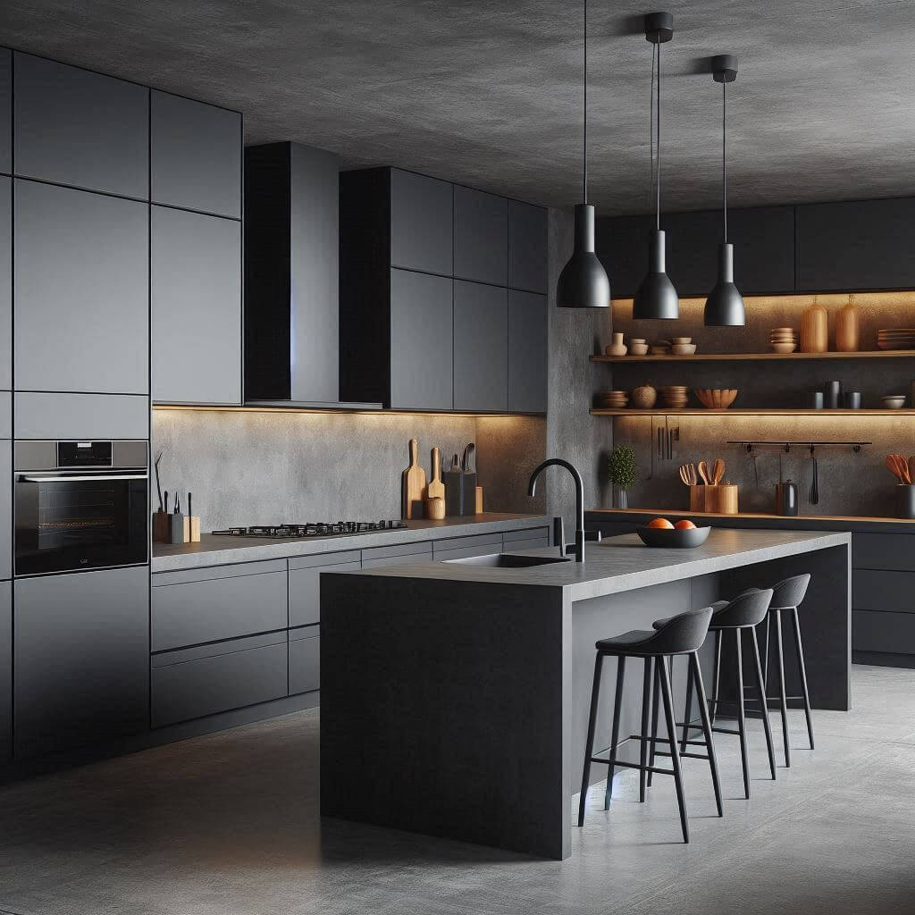 Bold contemporary kitchen by Hothi & Co. featuring matte black cabinetry with integrated handles, polished concrete countertops, and a matching concrete backsplash with an industrial aesthetic.