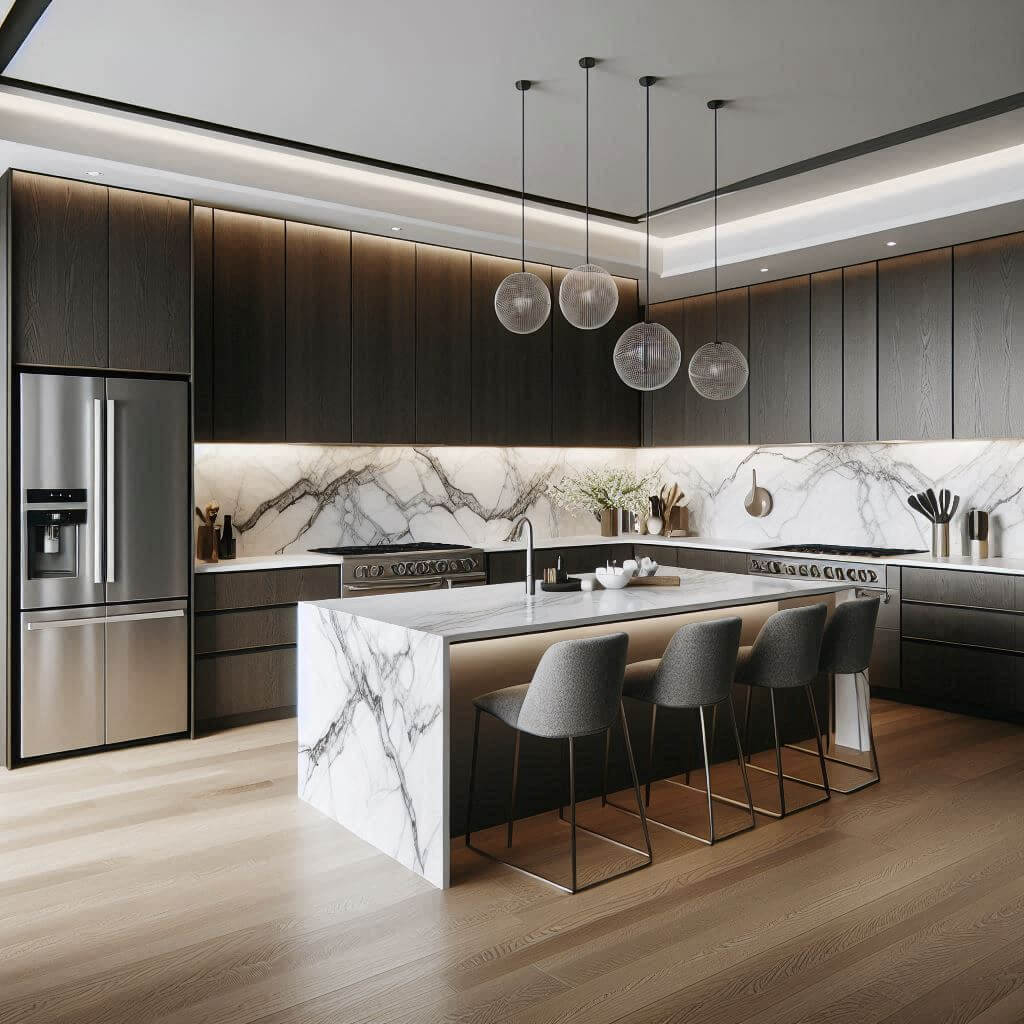 Stylish contemporary kitchen by Hothi & Co. with dark wood flat-panel cabinets, stainless-steel hardware, white quartz countertops with subtle veining, and a dramatic backsplash.