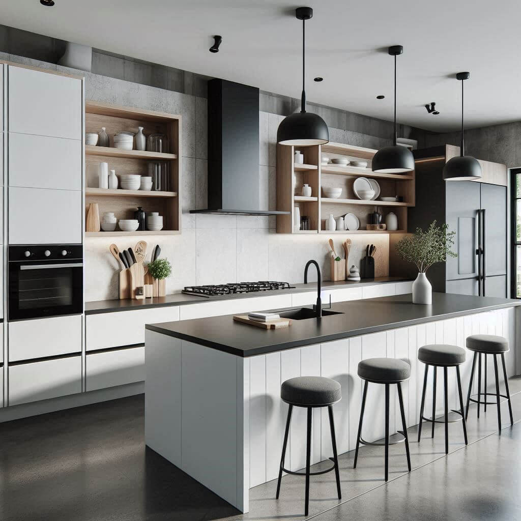 Contemporary kitchen by Hothi & Co. featuring matte white flat-panel cabinets, natural wood open shelving, white quartz countertops, and a ceiling-height matching backsplash.
