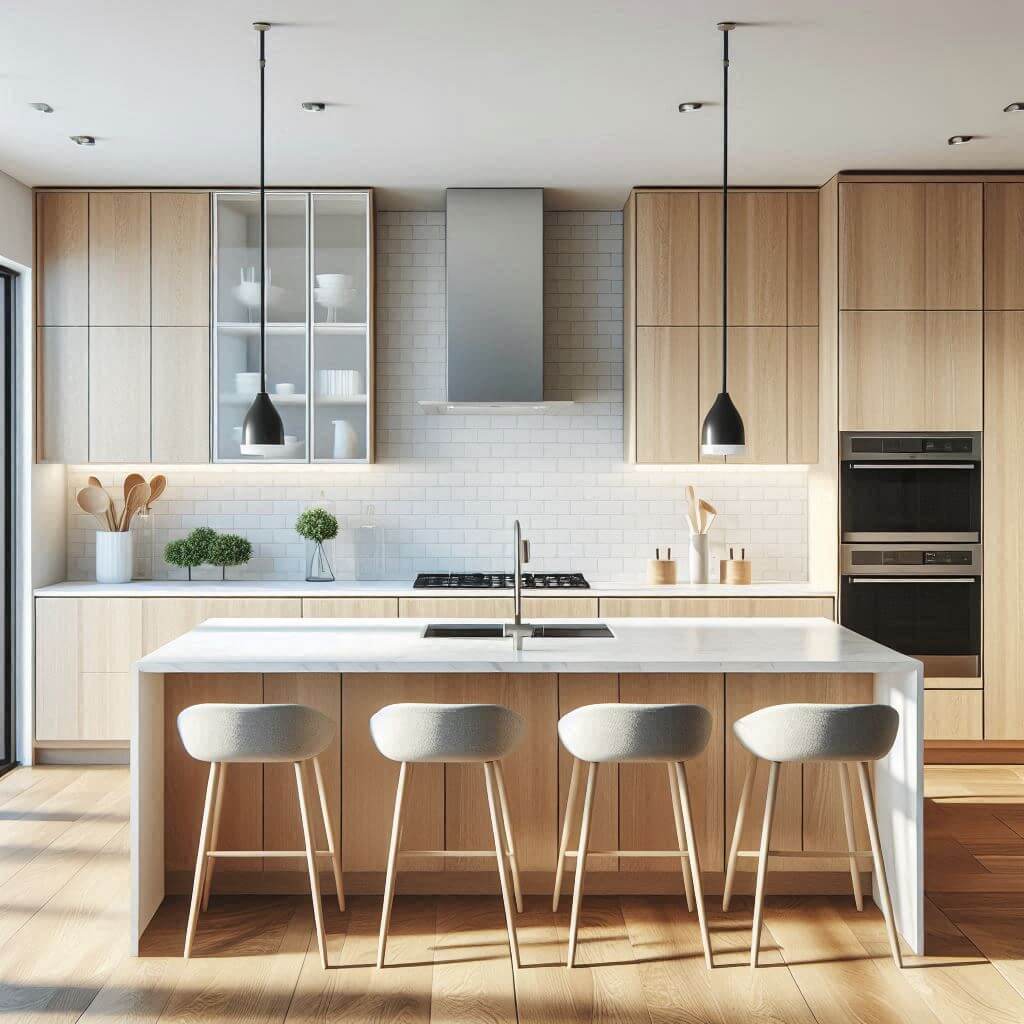Contemporary kitchen by Hothi & Co. with light wood flat-panel cabinets, minimalistic hardware, white quartz countertops, and a matching quartz backsplash.