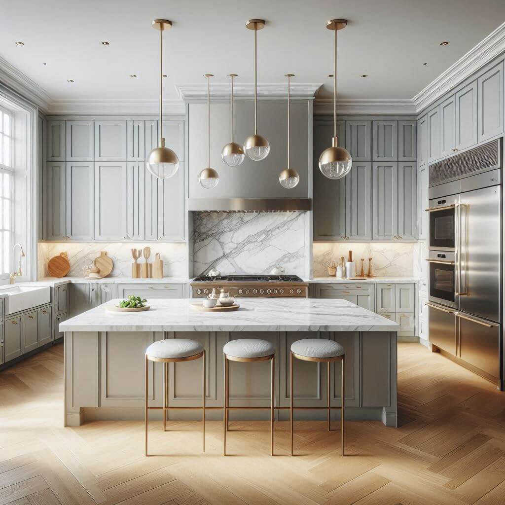 Contemporary kitchen by Hothi & Co. with soft grey flat-panel cabinets, sleek brass hardware, white marble countertops with subtle grey veining, and a full-height marble backsplash.