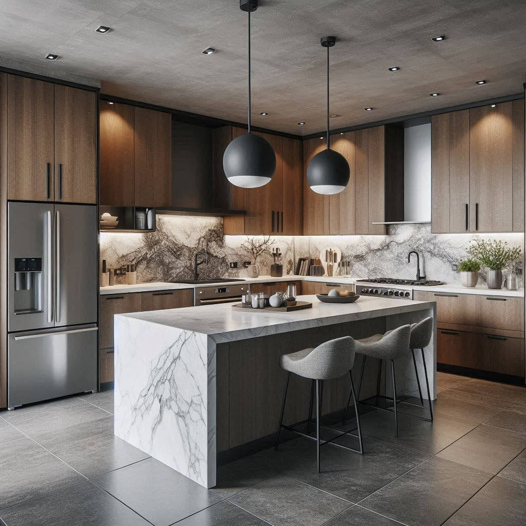 Contemporary kitchen by Hothi & Co. with textured medium-brown wood cabinets, black hardware, white quartz countertops, and a dramatic stone tile backsplash.