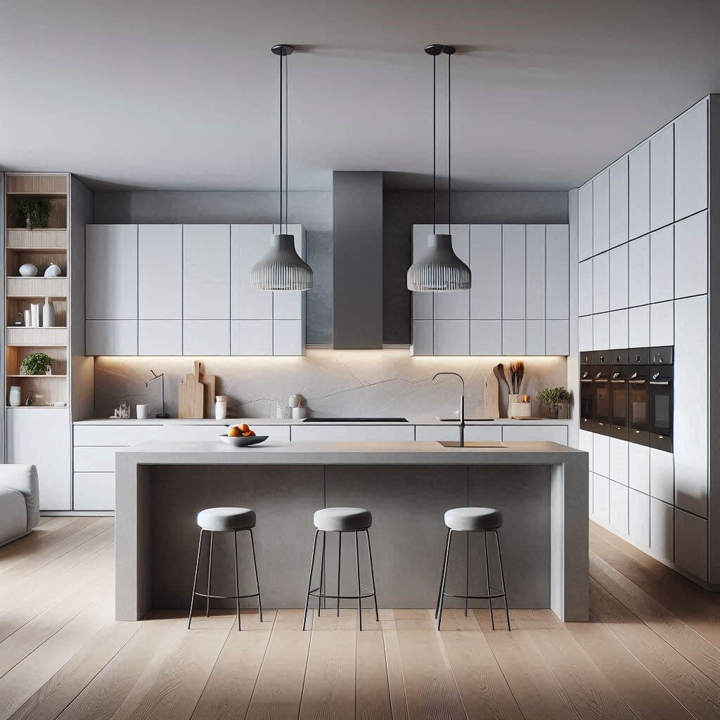 Minimalist contemporary kitchen by Hothi & Co. with sleek white cabinetry, integrated stainless-steel appliances behind custom panels, and grey quartz countertops with a matching backsplash.