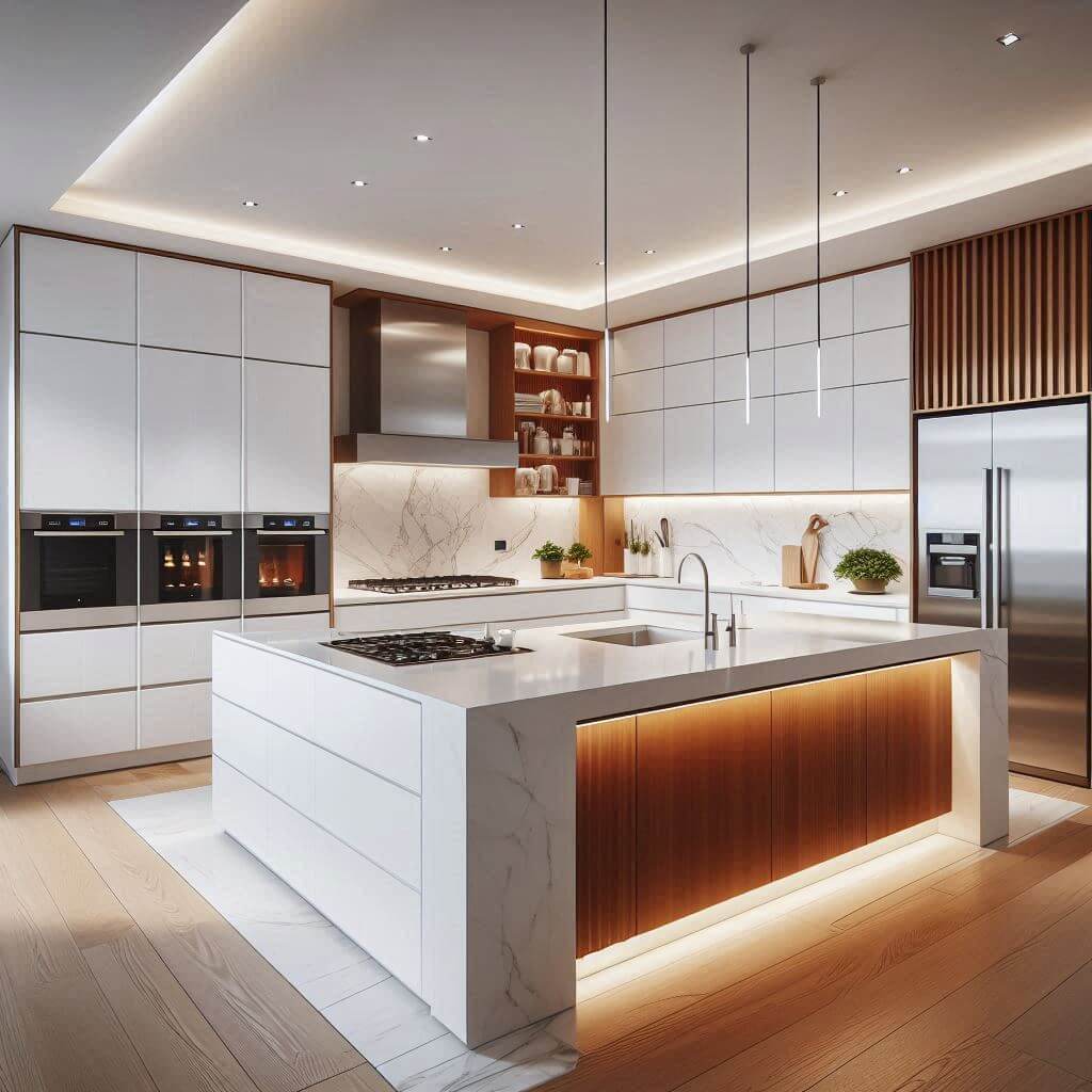 Modern contemporary kitchen by Hothi & Co. with white high-gloss cabinets, warm wood lower cabinets, smooth white quartz countertops, and a seamless backsplash.