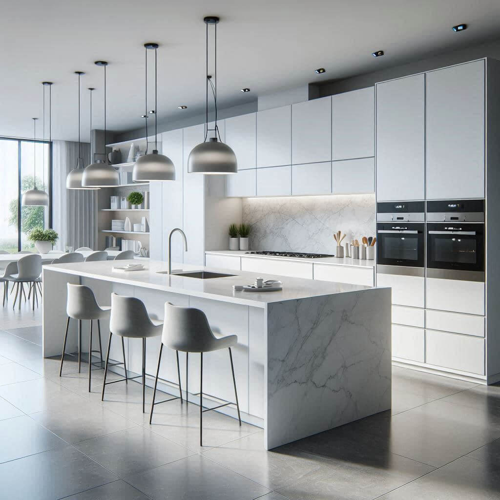 Sleek contemporary kitchen by Hothi & Co. with high-gloss white handleless cabinetry, smooth grey quartz countertops, and a matching quartz slab backsplash.