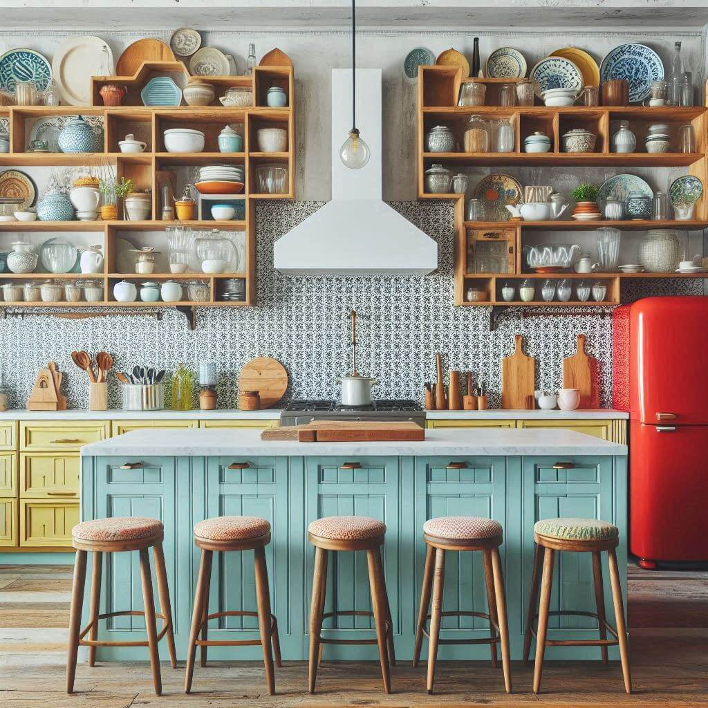Eclectic kitchen by Hothi & Co. with reclaimed wood open shelving, bright yellow and pastel blue cabinets, and white quartz countertops.