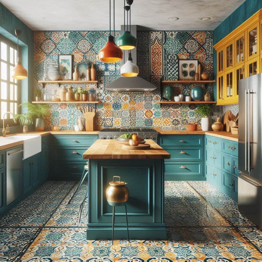 Eclectic kitchen by Hothi & Co. with deep teal and mustard yellow cabinetry, white marble countertops, and bold Moroccan tile backsplash in blue and warm tones.