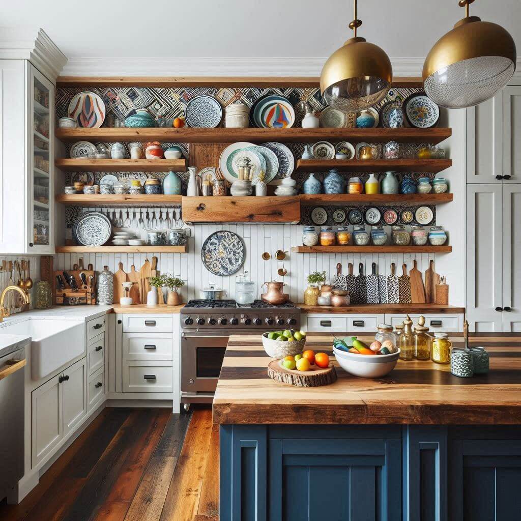 Eclectic kitchen by Hothi & Co. with reclaimed wood open shelving, colorful dishware, vintage glass jars, and a mix of white shaker cabinets with navy-blue lower cabinetry.