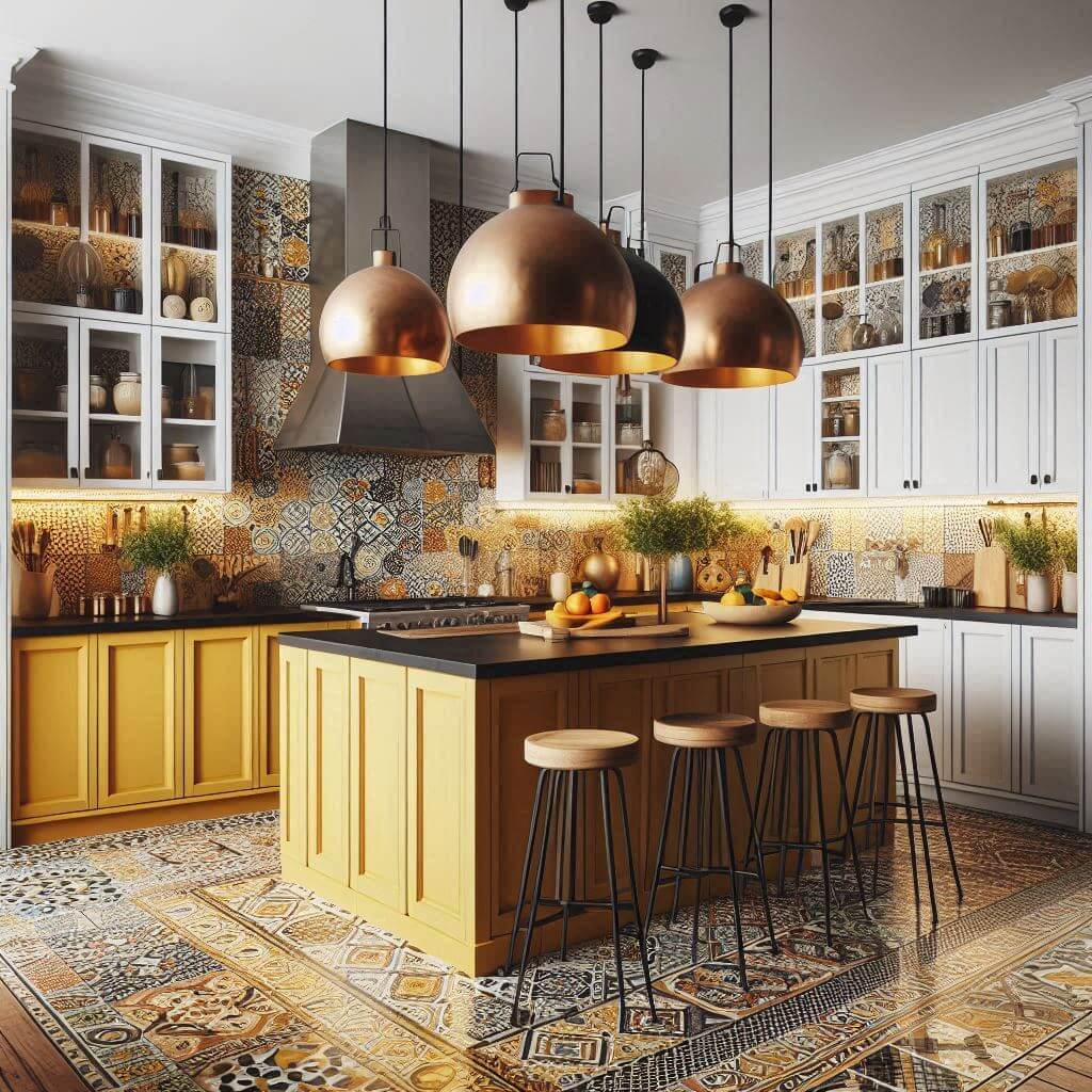 Eclectic kitchen by Hothi & Co. with rich mustard yellow lower cabinets, glossy white upper cabinets, black quartz countertops, and a colorful mosaic tile backsplash.