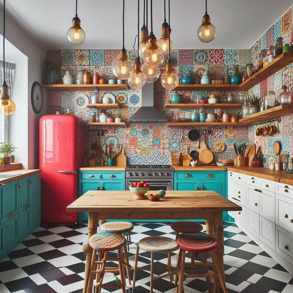 Eclectic kitchen by Hothi & Co. with bright patterned tile backsplash, reclaimed wood open shelving, and a mix of white shaker and lower cabinets.