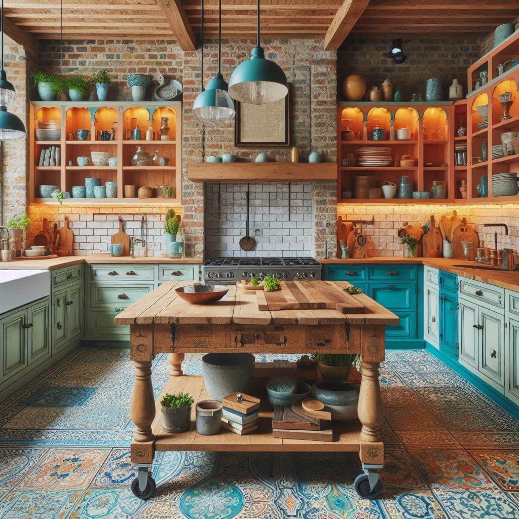 Eclectic kitchen by Hothi & Co. with vibrant turquoise and orange open shelving, natural wood lower cabinetry, and an exposed brick backsplash.