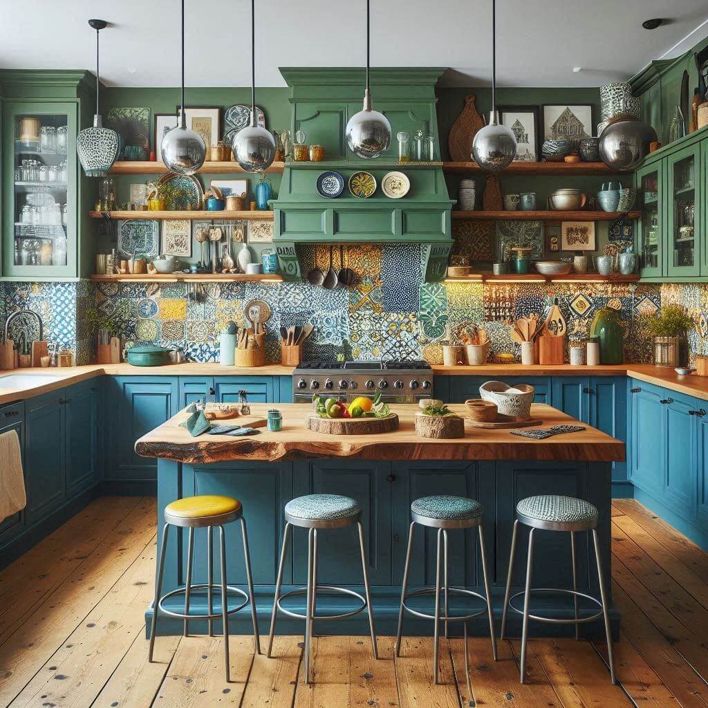 Eclectic kitchen by Hothi & Co. with deep blue lower cabinets, vibrant green upper cabinets, polished concrete countertops, and an industrial-style backsplash.