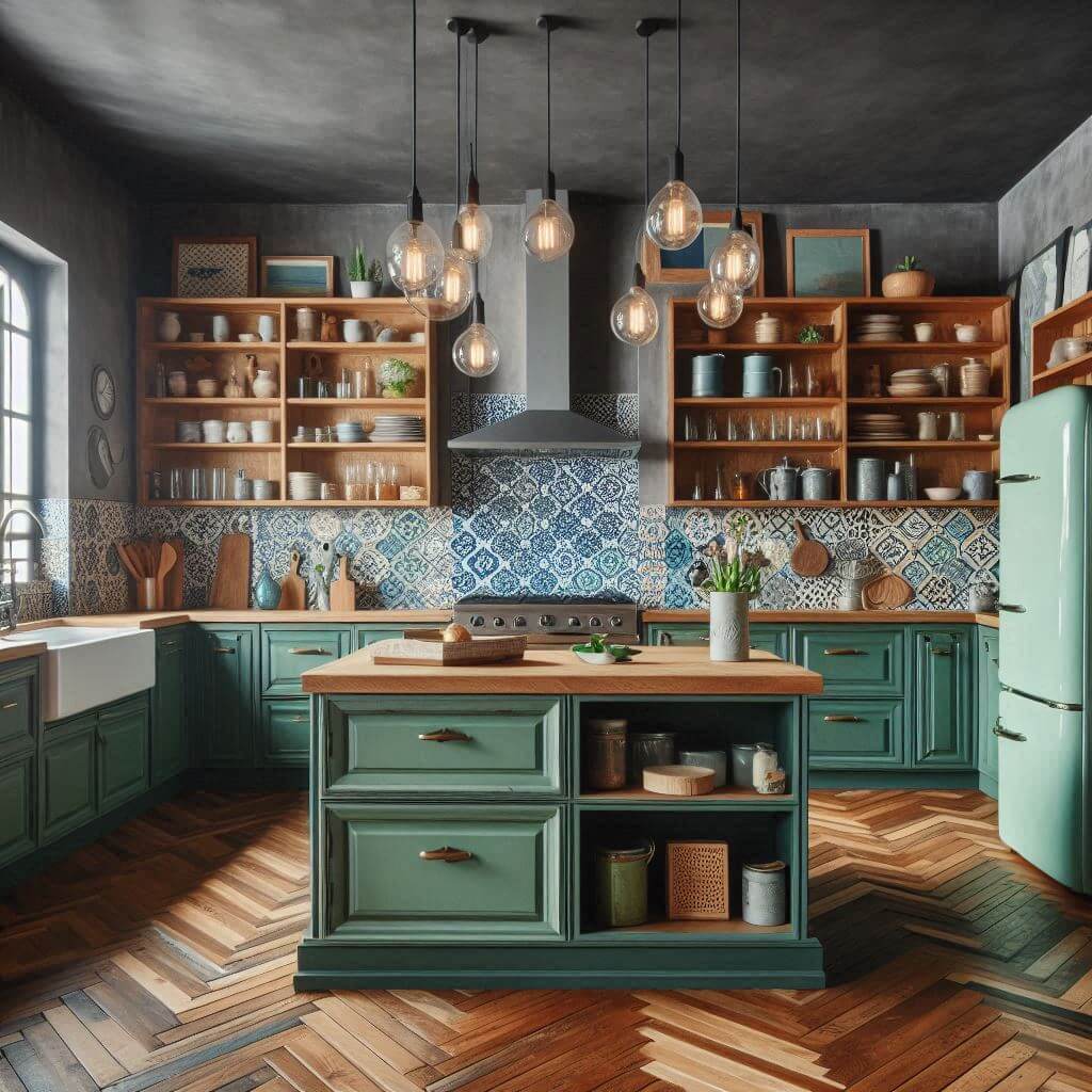 Eclectic kitchen by Hothi & Co. blending vintage and modern elements with deep green lower cabinets, natural wood open shelving, and mixed concrete and butcher block countertops.