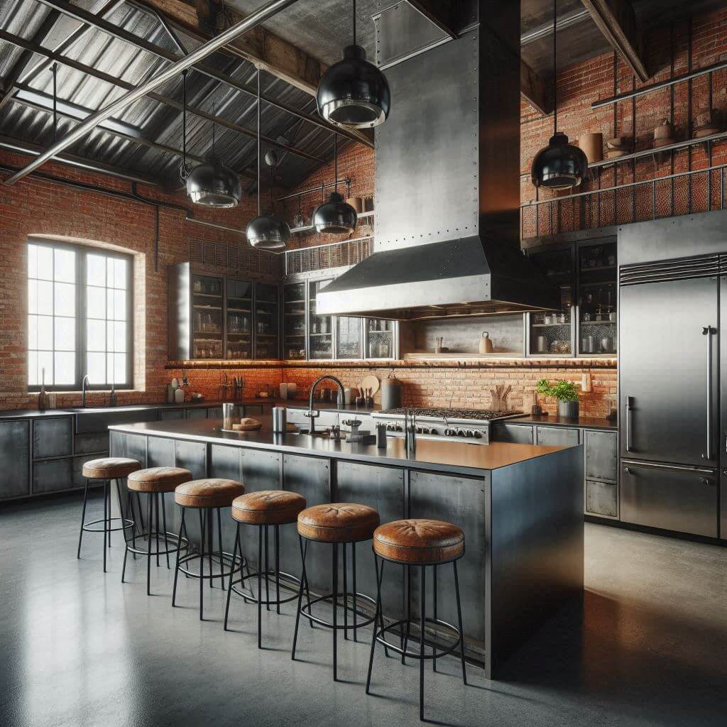 Bold industrial kitchen by Hothi & Co. with exposed red brick walls, raw brushed metal cabinets, black quartz countertops, and large black tile backsplash.