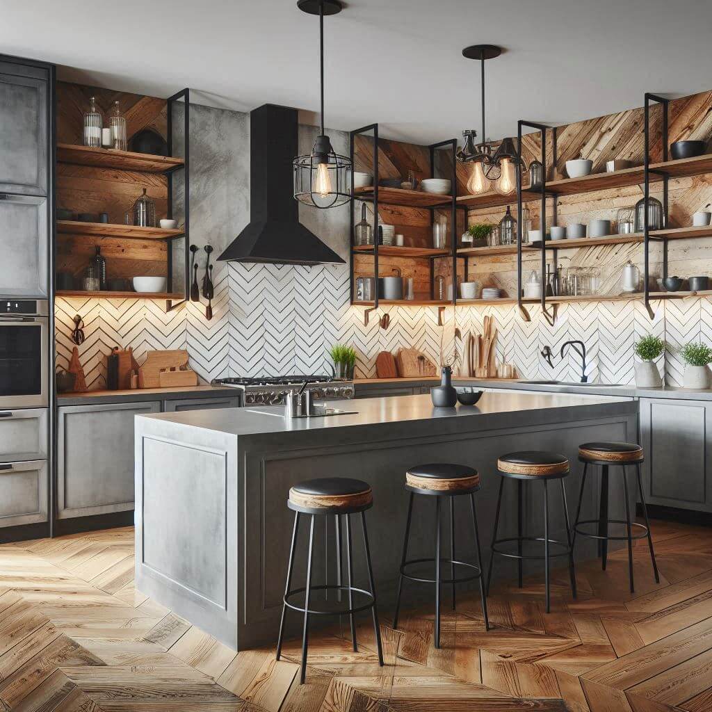 Open industrial kitchen by Hothi & Co. with matte grey lower cabinets, reclaimed wood open shelving on black steel brackets, polished concrete countertops, and a matching concrete island.