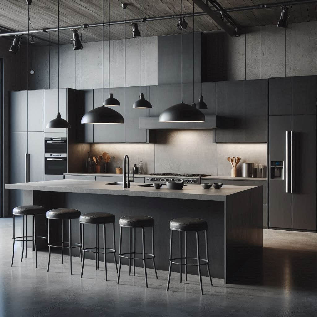Minimalist-industrial kitchen by Hothi & Co. with handleless black cabinets, concrete countertops, matching concrete backsplash, and a raw concrete island with steel frame.
