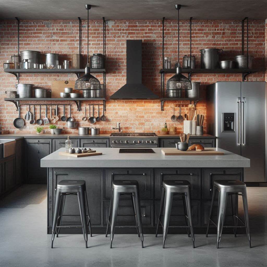 Raw industrial kitchen by Hothi & Co. with exposed red brick walls, sleek concrete countertops, matte black lower cabinets, stainless steel hardware, and open metal shelving.