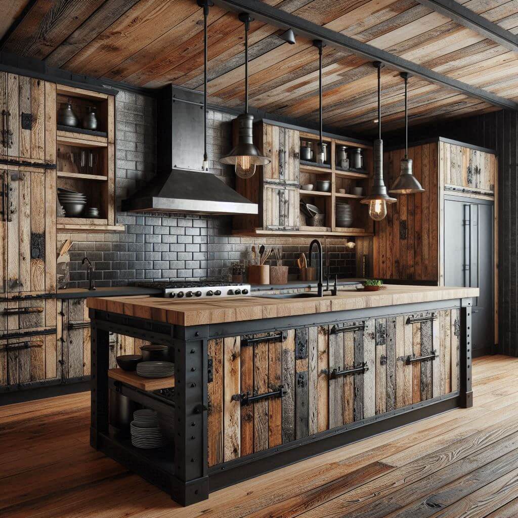 Rugged industrial kitchen by Hothi & Co. with reclaimed wood cabinetry, visible grain, black steel handles, black granite countertops, and matte black subway tile backsplash.
