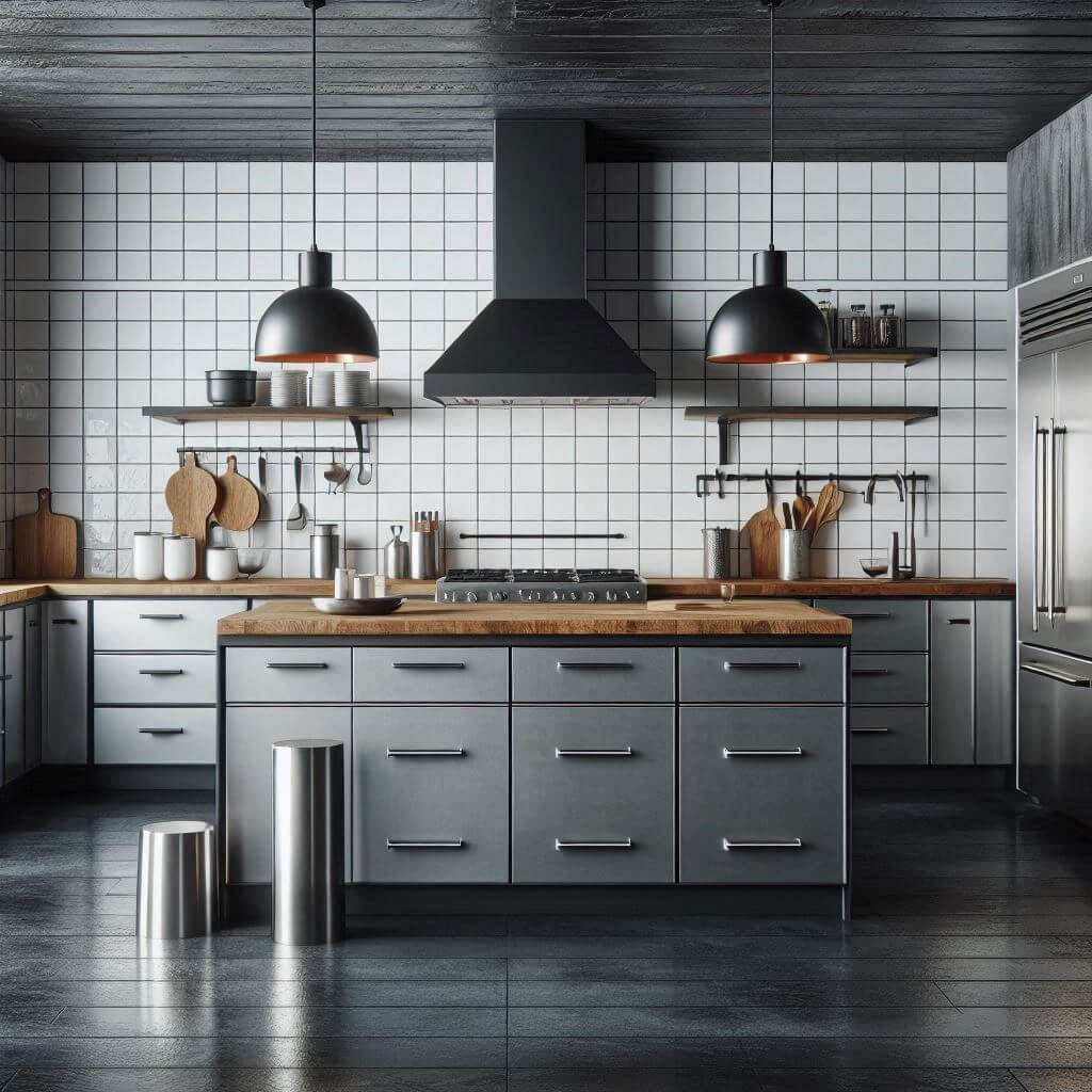 Sleek industrial kitchen by Hothi & Co. with brushed steel flat-panel cabinets, white subway tile backsplash with dark grout, and industrial-style countertops.