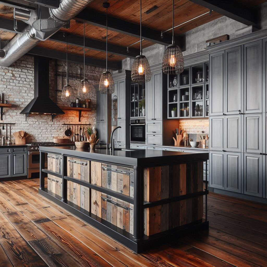 Spacious industrial kitchen by Hothi & Co. with matte grey cabinets, black granite countertops, exposed brick backsplash to the ceiling, and a reclaimed wood island.