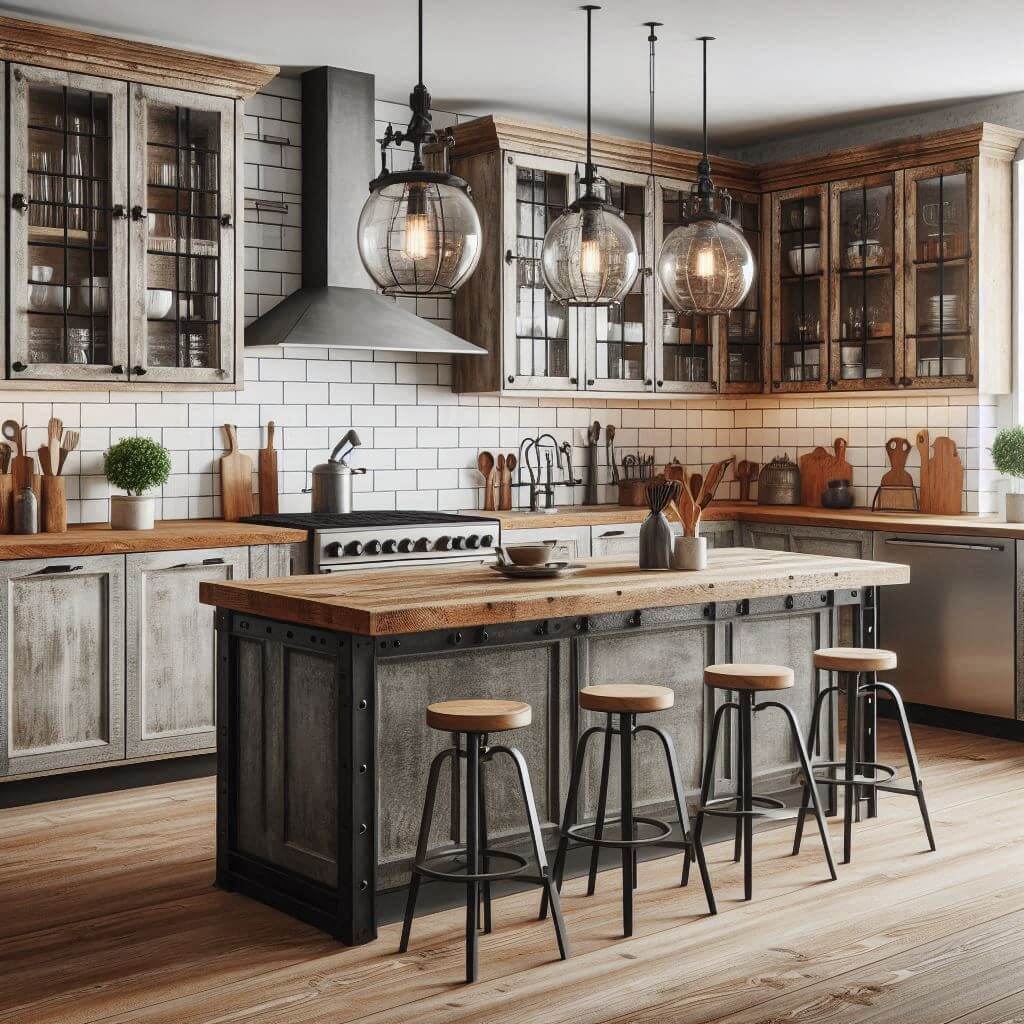 Industrial kitchen by Hothi & Co. combining distressed wood cabinets, black metal accents, concrete countertops, white subway tile backsplash with black grout, and a mixed-material island.