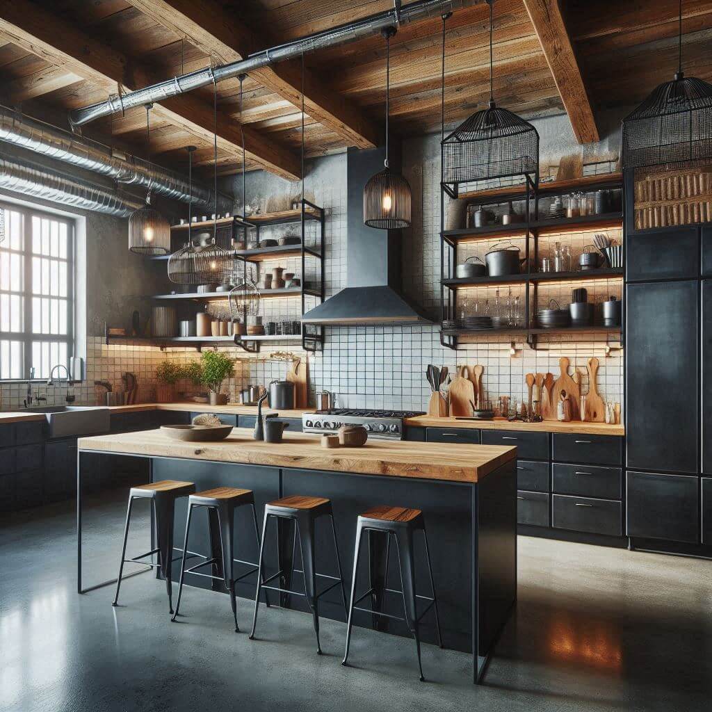 Industrial kitchen by Hothi & Co. with black steel cabinets, raw wood open shelving, concrete countertops, and a backsplash of black tiles and exposed brick.