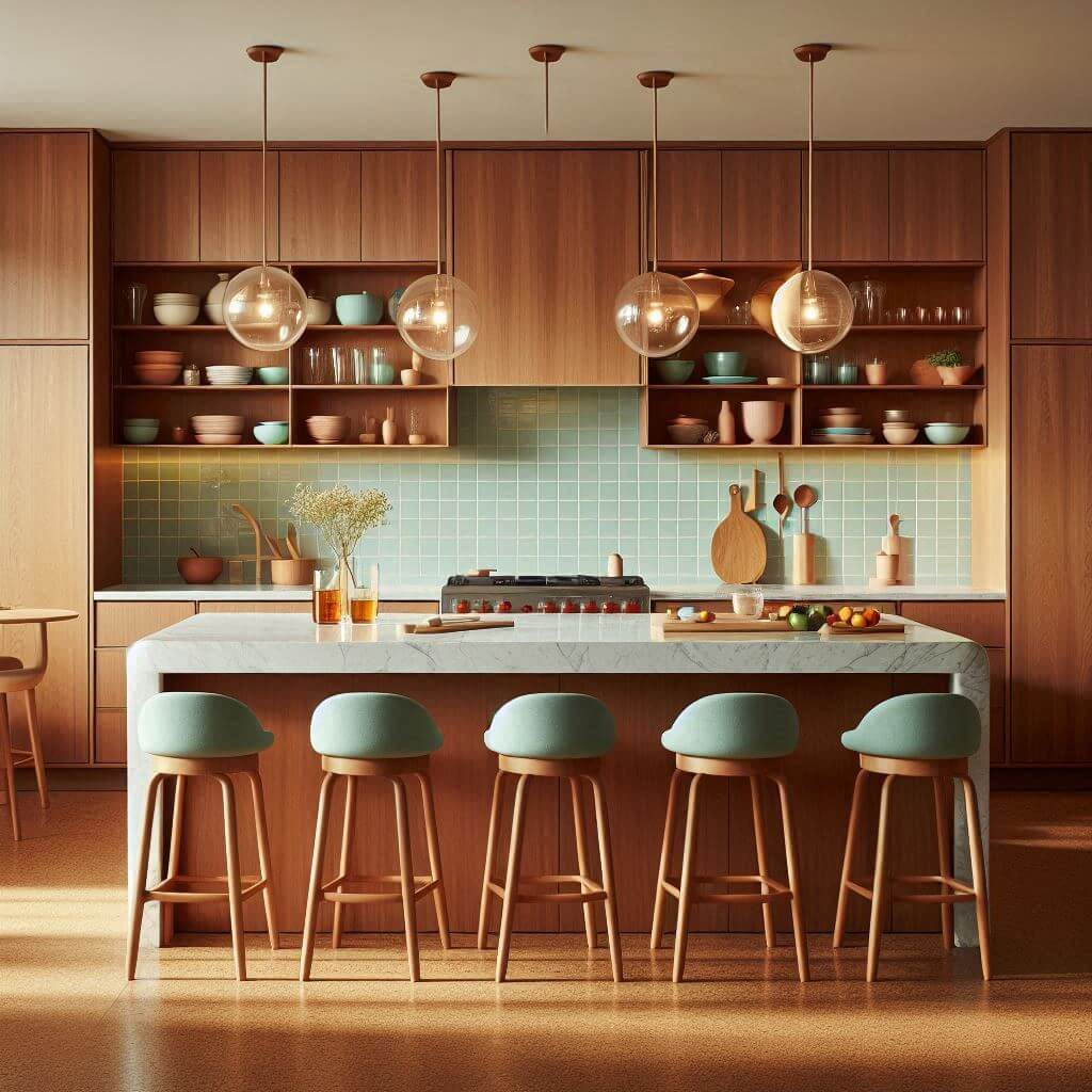 Warm mid-century modern kitchen by Hothi & Co. with walnut cabinetry featuring rounded edges, mint-green subway tile backsplash, and a marble-topped island.