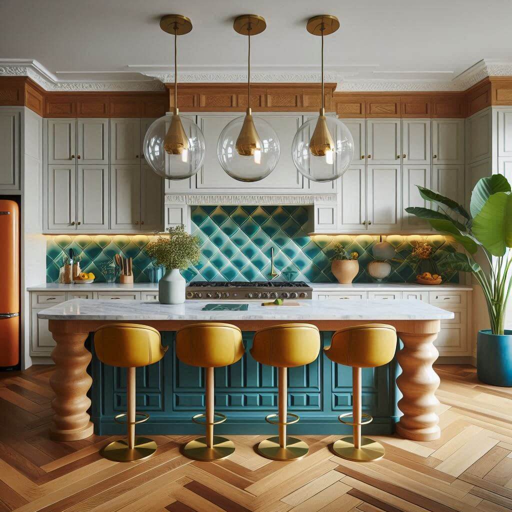Bold mid-century kitchen by Hothi & Co. with matte white cabinetry, oak trim detailing, teal diamond-pattern tile backsplash, and a sculpted wood island with white marble top.