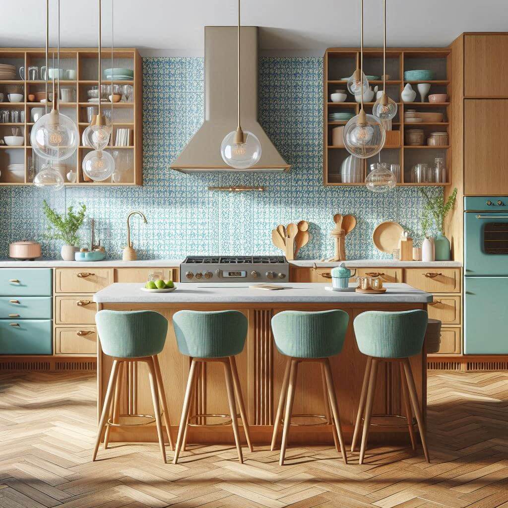 Spacious mid-century kitchen by Hothi & Co. with smooth oak cabinets, open shelving with brass brackets, polished concrete countertops, and a playful mixed-tile backsplash.