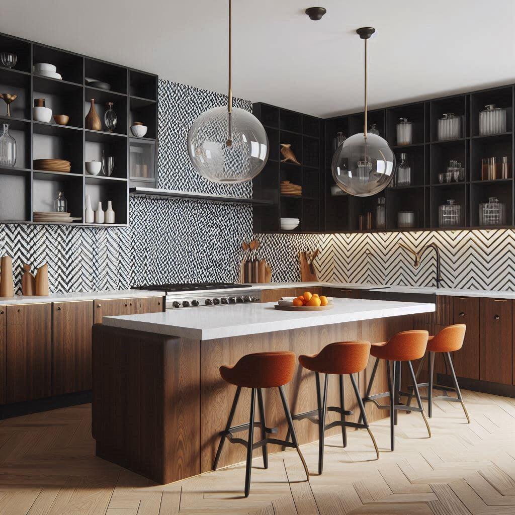 Sleek mid-century kitchen by Hothi & Co. with dark walnut cabinetry, white quartz countertops, black-framed open shelving, and black-and-white zigzag tile backsplash.