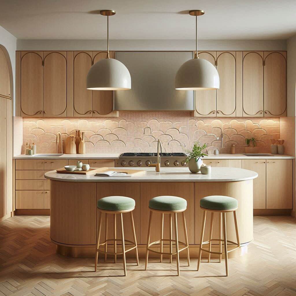 Serene mid-century kitchen by Hothi & Co. with light wood cabinets featuring rounded corners, sleek brass handles, beige quartz countertops, and pale pink tile backsplash.