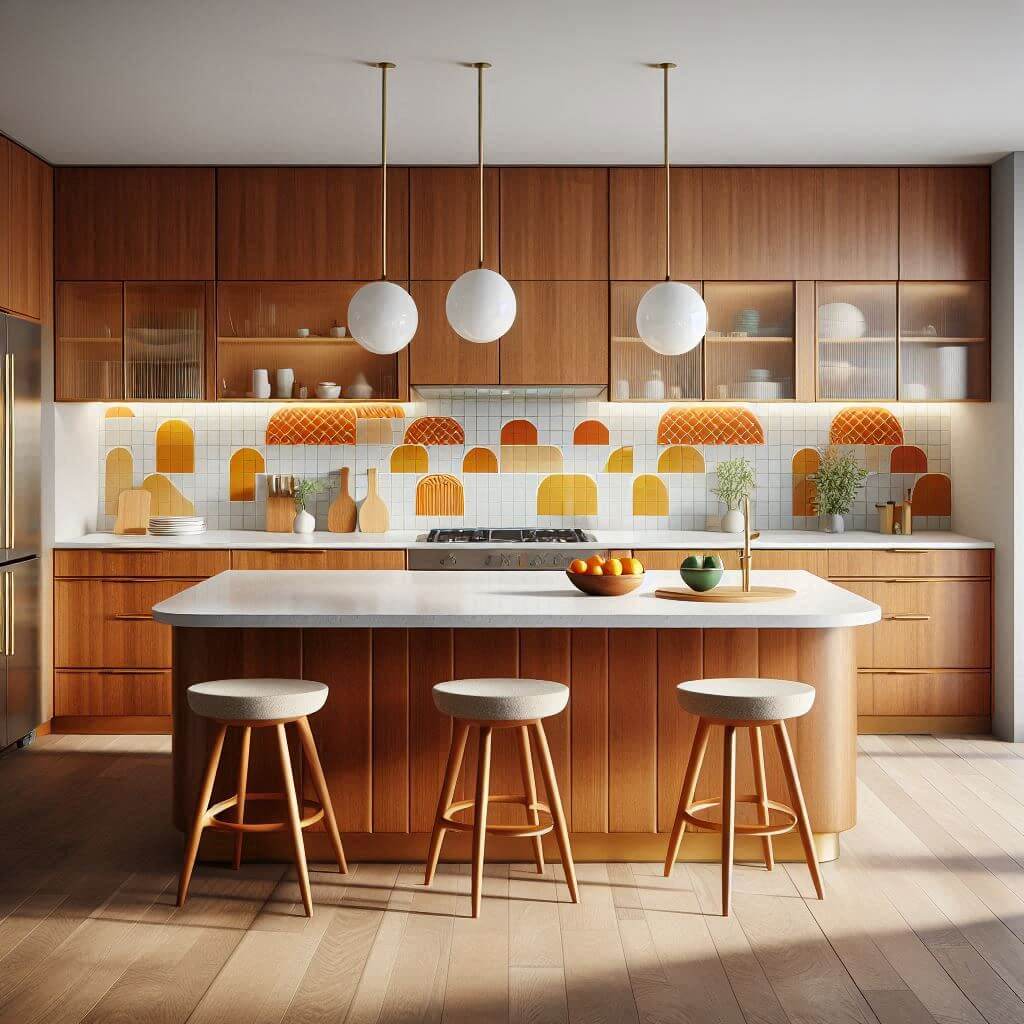 Mid-century modern kitchen by Hothi & Co. with flat-panel teak cabinets, slim brass handles, white quartz countertops, and bold geometric tile backsplash in warm tones.