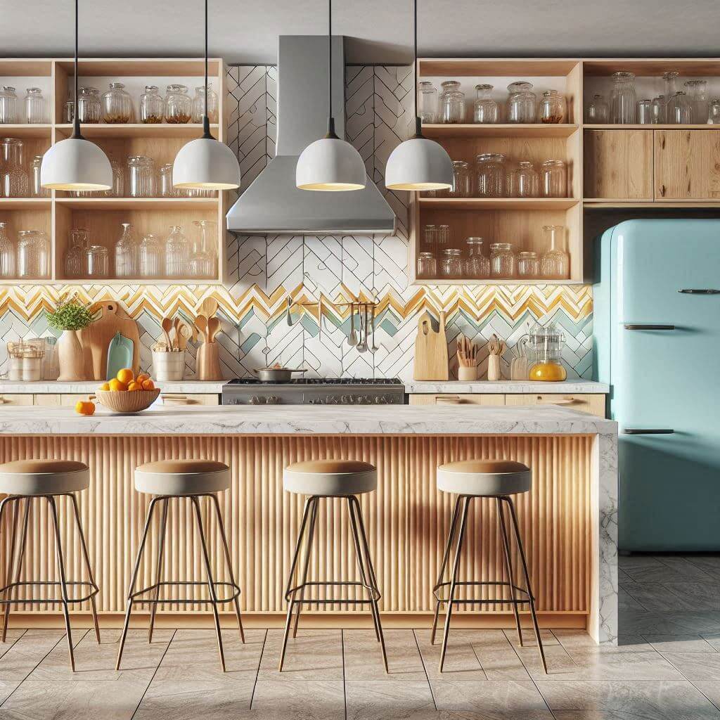 Mid-century style kitchen by Hothi & Co. with natural oak lower cabinets, open shelving displaying vintage glassware, and white marble countertops with subtle grey veining.