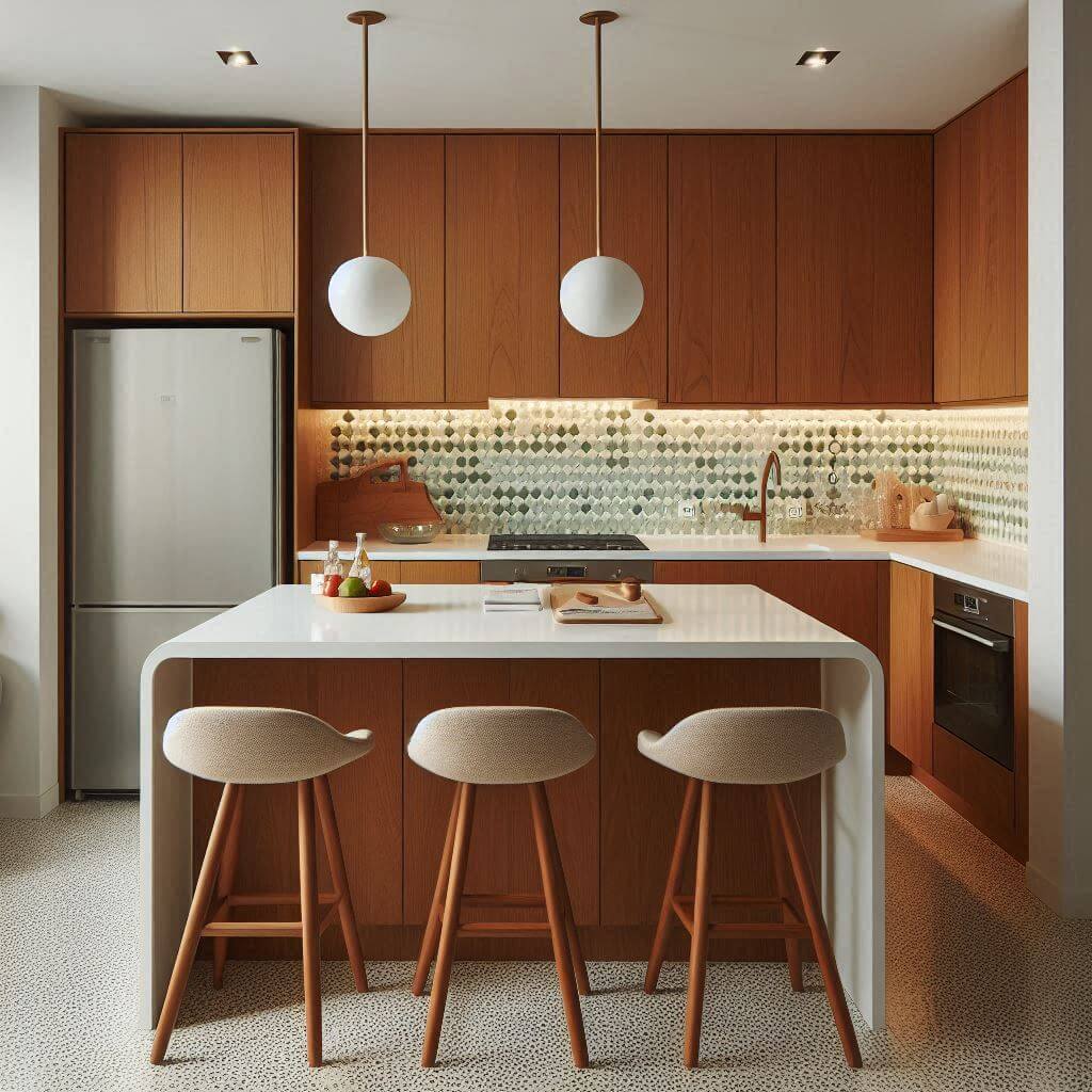 Compact mid-century modern kitchen by Hothi & Co. with smooth walnut cabinetry, bright white countertops, soft green hexagonal tile backsplash, and a multifunctional island.